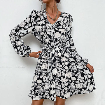 V-neck Long-sleeved Printed Dress